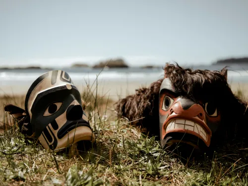 naauu Tla-o-qui-aht masks on beach
