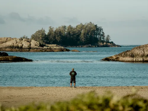 Saya Masso stands on tinwis beach on Vancouver Island