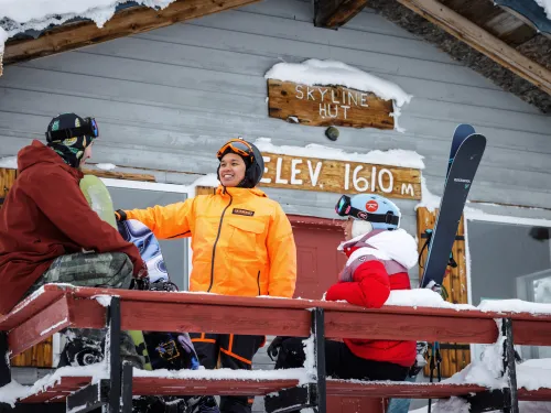 Skiers enjoying patio at Hudson Bay Mountain Smithers BC